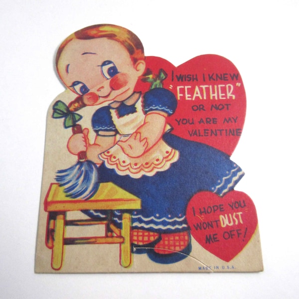 Vintage Children's Valentine Card with Little Girl in Dress and Feather Duster Dusting Housework