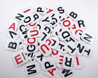 Vintage White Plastic Anagrams with Black and Red Letters Tiles or Game Pieces Set of 57