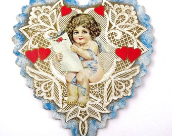 Vintage Fancy Antique Whitney Made Victorian Valentine Greeting Card with Little Cupid Cherub Letter Hearts Gold Gilded