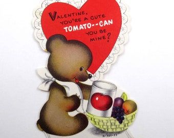 Vintage Valentine Card with Cute Brown Bear and Fruit Basket Tomato Can Food