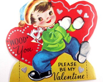 Carte de Saint-Valentin vintage pour enfants avec petit garçon en bois, soyez mon valentin, s'il vous plaît