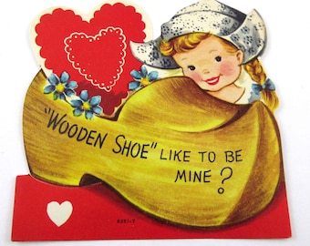 Vintage Children's Valentine Card with Dutch Girl and Large Wooden Shoe with Blue Flowers and Heart by Whitman