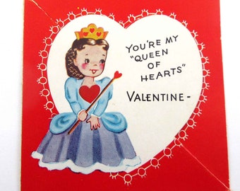Vintage Children's Valentine Card with Cute Girl in Crown Queen of Hearts by A-Meri-Card