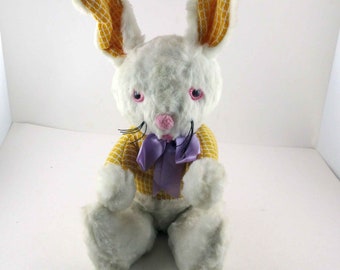 Vintage White Easter Bunny Plush 12.5” Stuffed Rabbit with Yellow Jacket Ears and Purple Bow