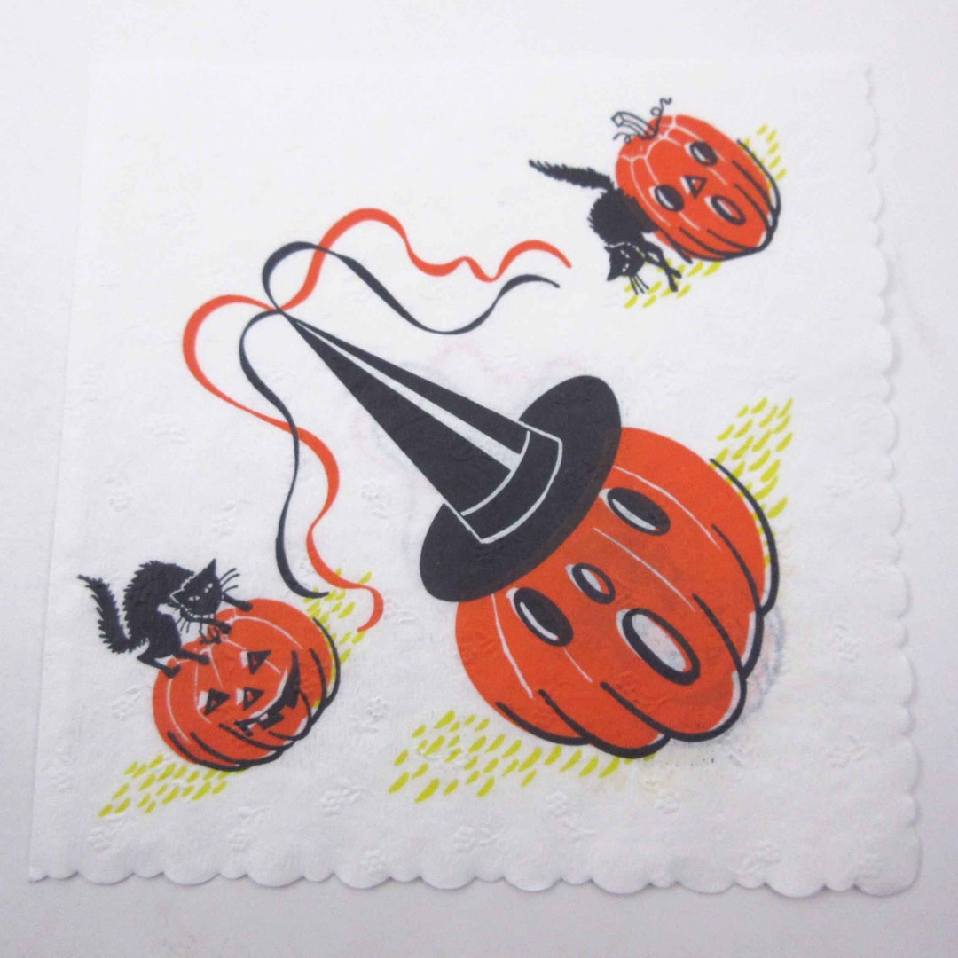 Vintage Halloween Paper Party Napkin With Jack O Lanterns Witch Hat and ...