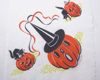 Vintage Halloween Paper Party Napkin with Jack O Lanterns Witch Hat and Black Cats