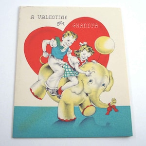 Vintage Children's Valentine Card with Cute Boy and Girl Riding an Elephant by Buzza