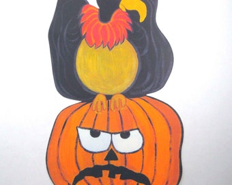 Vintage Scowling Jack O Lantern and Vulture Halloween Die Cut Decoration