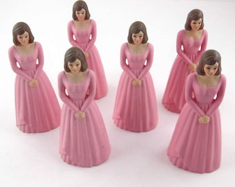 Vintage Pink Plastic Bridesmaids or Sweet Sixteen Cake Cupcake Decorations Decor Toppers Set of 6 Lot A