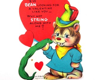 Vintage Children's Valentine Card with Cute Beaver and Green Bean Food