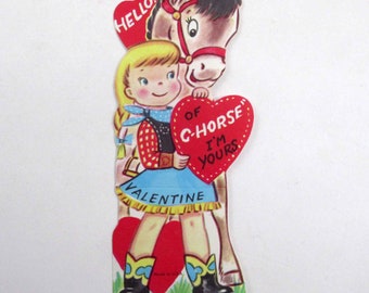 Vintage Unused Children's Valentine Card with Cowgirl and Horse