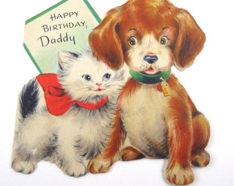 Vintage Birthday Greeting Card for Daddy with Cute Puppy Dog and Cat Kitten by Hallmark