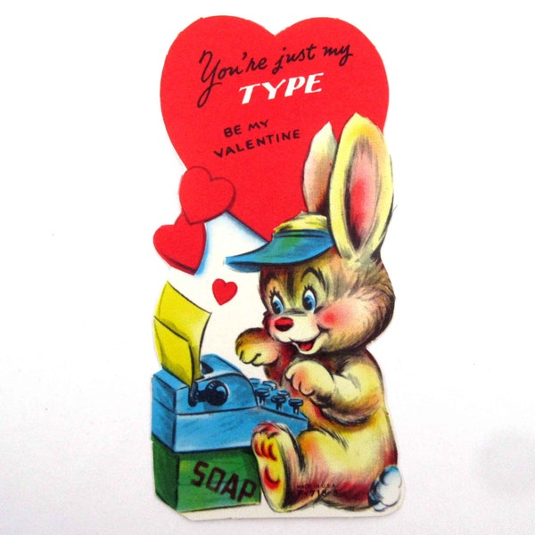 Vintage Unused Children's Valentine Card with Rabbit Typing on Old Fashioned Typewriter