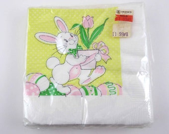 Vintage Easter Paper Party Beverage Napkins with Rabbit Bunny Holding Tulip in Pot