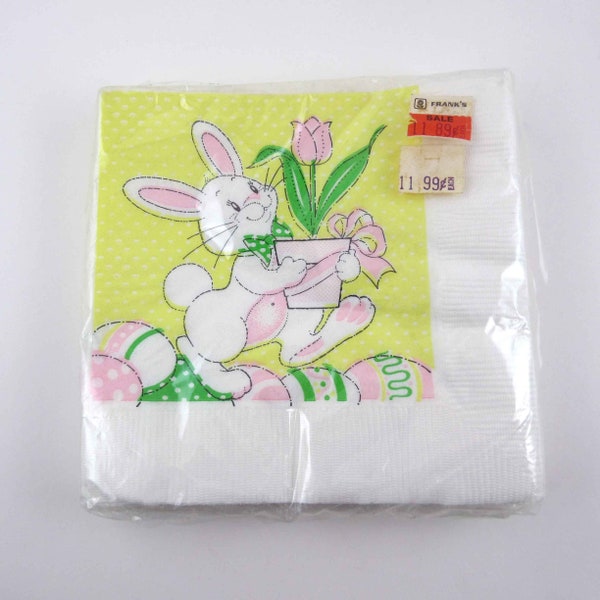 Vintage Easter Paper Party Beverage Napkins with Rabbit Bunny Holding Tulip in Pot
