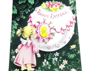 Vintage Easter Greeting Card with Cute Angel Girl in Pink Easter Egg Peek a Boo Window with Chick or Duck by Norcross