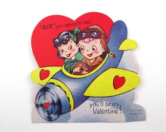 Vintage 1950s Children's Valentine Card with Cute Boy and Girl on Airplane or Plane by A-Meri-Card