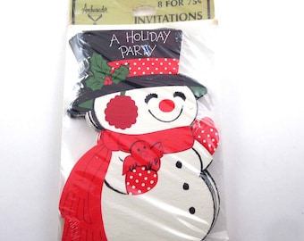 Vintage Holiday Party Invitations with Cute Snowman and Red Bird in Original Package by Ambassador or Hallmark