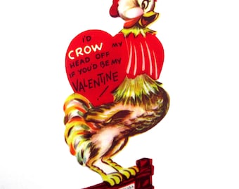 Vintage Unused Children's Valentine Card with Cute Rooster Hen Chicken Crowing