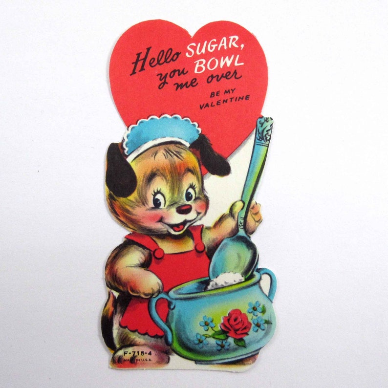 Vintage Unused Children's Valentine Card with Adorable Brown Dog and Sugar Bowl Spoon image 1