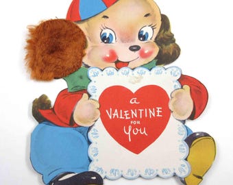 Vintage Children's Novelty Valentine Greeting Card with Cute Dog Puppy Holding Heart Card Real Fur Ear