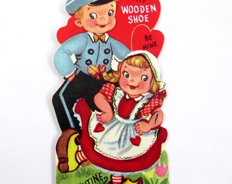 Vintage Children's Valentine Card with Cute Blonde Dutch Girl in Wooden Shoes Hat and Dutch Boy Dancing