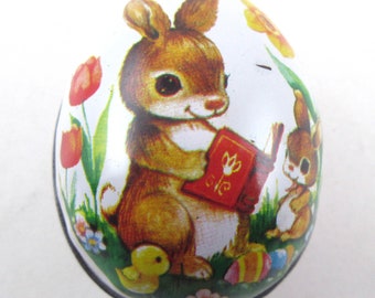 Vintage Tin Litho Easter Candy Egg with Brown Rabbit Chicks Eggs Basket Bird Tulips Pink Plaid by Enesco Hong Kong