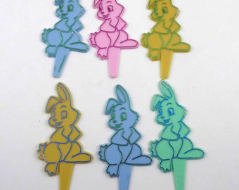 Vintage Plastic Easter Bunny Rabbit Novelty Cupcake Picks or Toppers Set of 6 Lot C