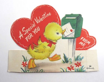 Vintage Children's Valentine Card with Cute Yellow Duck Mailing Letter at Mailbox by Hallmark