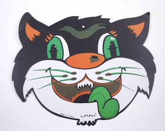 RESERVED 4 VANESSA Vintage Black Cat Face with Green Tongue Halloween Die Cut Decoration