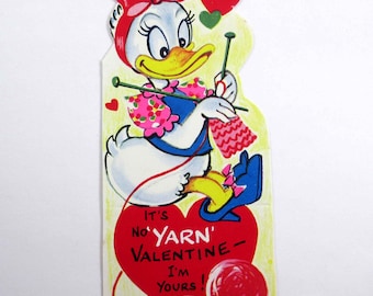 Vintage Unused Children's Valentine Card with Daisy Duck Knitting Scarf Yarn Walt Disney