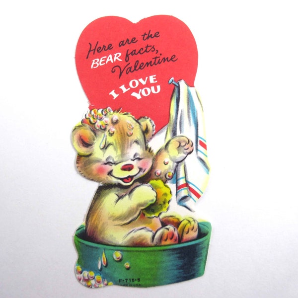 Vintage Unused Children's Valentine Card with Cute Bear Taking a Bath Towel Bathing Soap