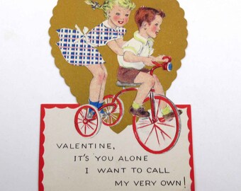 Vintage Unused Children's Valentine Card with Cute Boy and Girl on Tricycle Bicycle