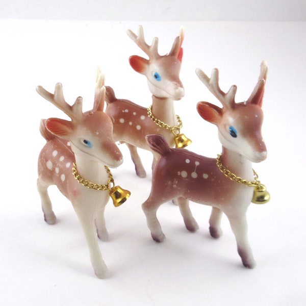 Vintage Brown Soft Rubber Deer or Plastic Reindeer or Fawn with Bell Christmas Decoration Set of 3 Hong Kong Lot A