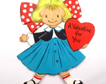 Vintage Children's Valentine Card with Little Blonde Girl in Blue Dress and Red Polka Dot Bow