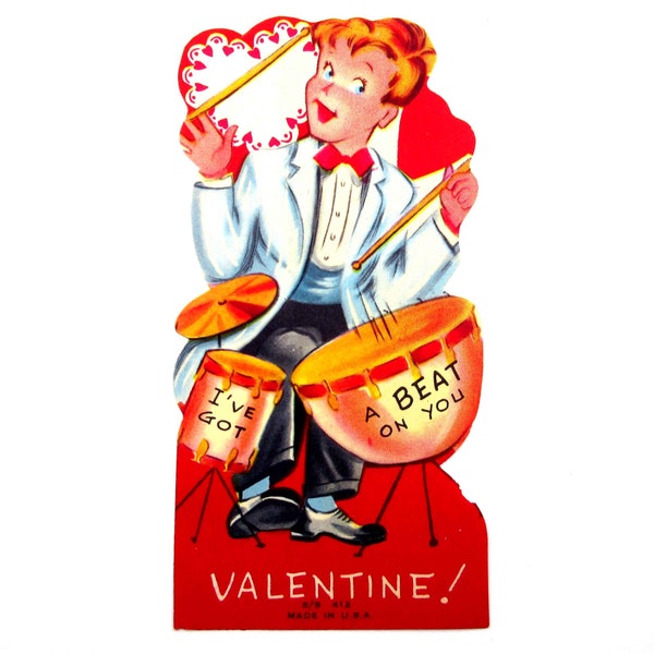 Vintage Children's Valentine Card with Cute Boy Playing Drums Drummer Music