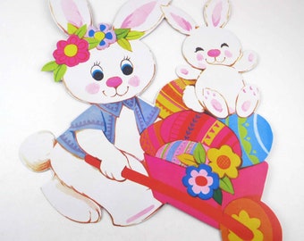 Vintage Die Cut Cardboard Easter Decoration with Cute White Rabbits Cart and Colored Easter Eggs