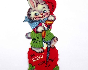 Vintage Children's Valentine Card with Cute Rabbit or Bunny Red Heart and Tool Never Be Bored with Me