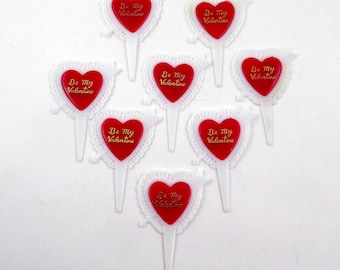 Lot de 8 piques ou décorations vintage pour cupcakes Saint-Valentin avec coeurs rouges et blancs et inscription « Be My Valentine » en caractères d'or, lot A