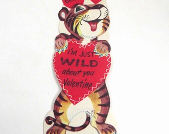 Vintage Children's Valentine Card with Cute Tiger Holding Heart Wild About You