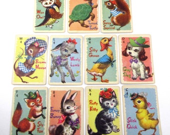 Vintage Adorable Animal Rummy Children's Playing Cards by Whitman Partial Set of 11