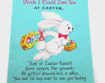 Vintage Easter Greeting Card with Cute Bunny Rabbit and Baskets of Eggs by Hallmark