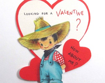 Vintage Unused Children's Valentine Card with Cute Farmer in Straw Hat by Hallmark