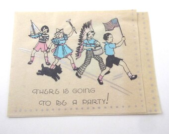 Vintage Birthday Party Invitation Card with Little Chidren and Scotty or Scottie Dog Parade Flag Drum Indian