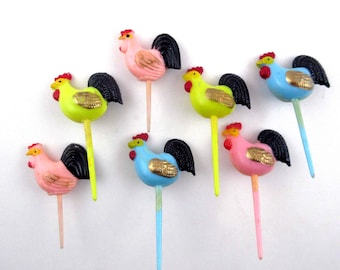 Vintage Puffy Rooster or Chicken Novelty Cupcake Picks or Toppers Set of 7 Lot A