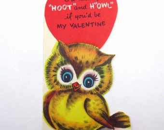 Vintage Children's Valentine Card with Cute Owl with Big Blue Eyes