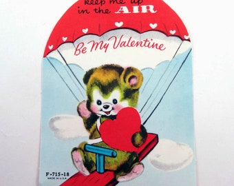 Vintage Unused Children's Valentine Card with Cute Bear with Parachute See Saw