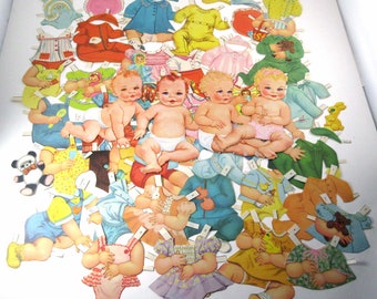 Vintage Cut Out Baby Girl and Boy Babies Paper Dolls with 46 Outfits and Accessories