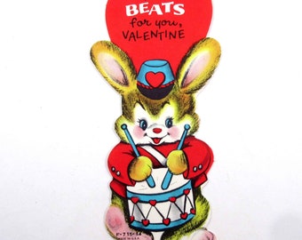 Vintage Unused Children's Valentine Card with Rabbit and Drum