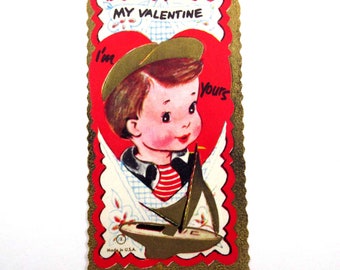 Vintage Children's Valentine Card with Cute Boy and Sailboat Boat
